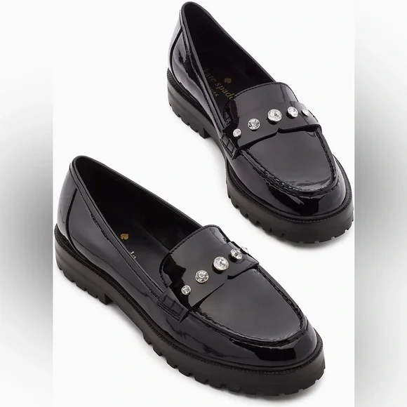 Kate Spade Patent Black Loafers with Rhinestone Accents - Picture 2 of 16